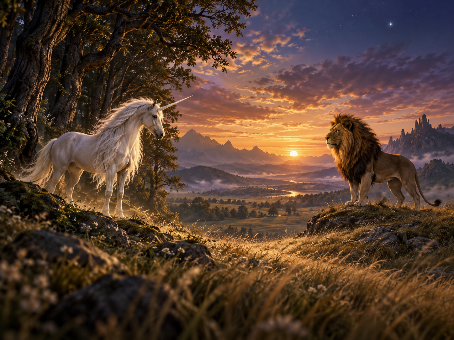 Liora the unicorn and Asher the lion meet at sunset